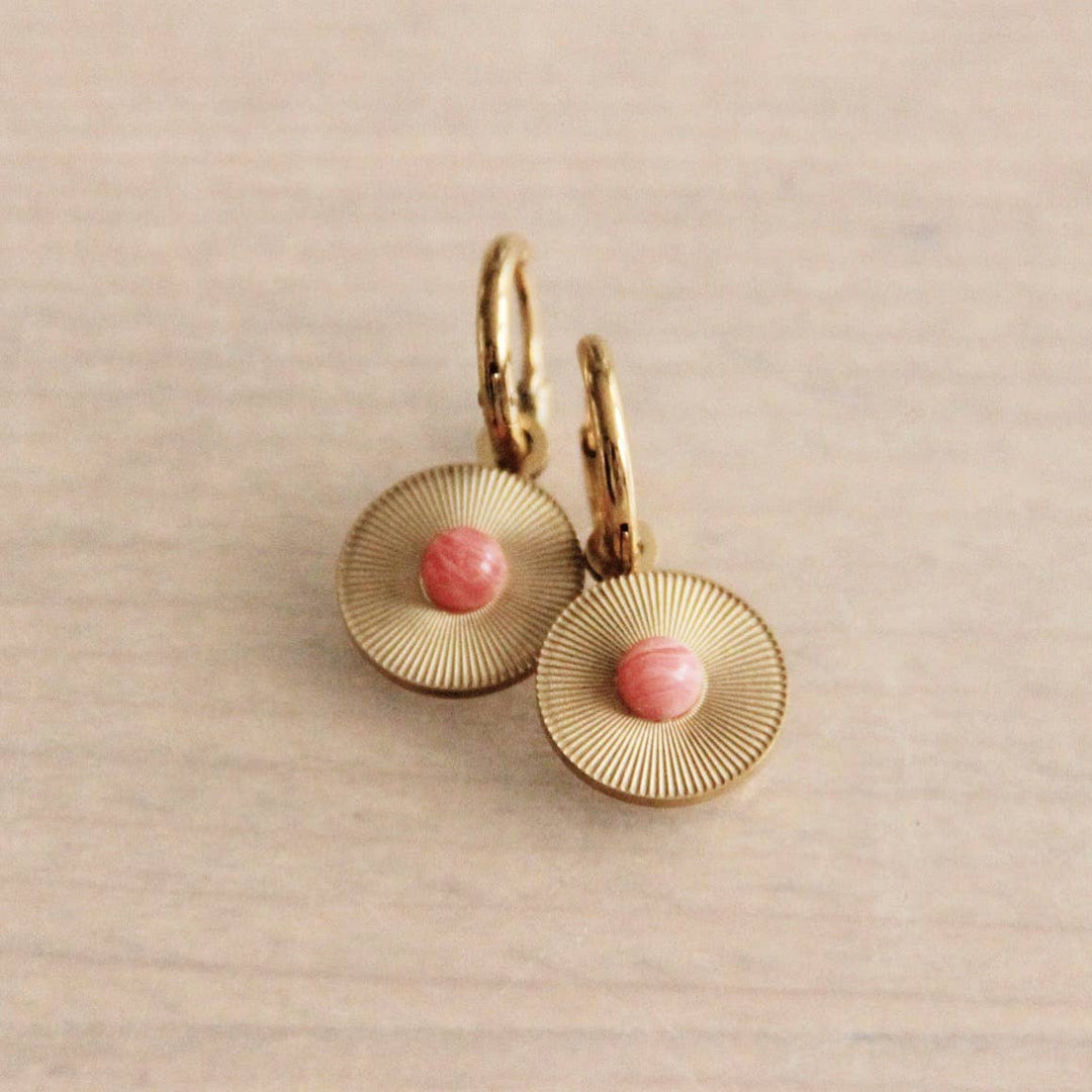 Stainless steel hoop earrings with coral stone