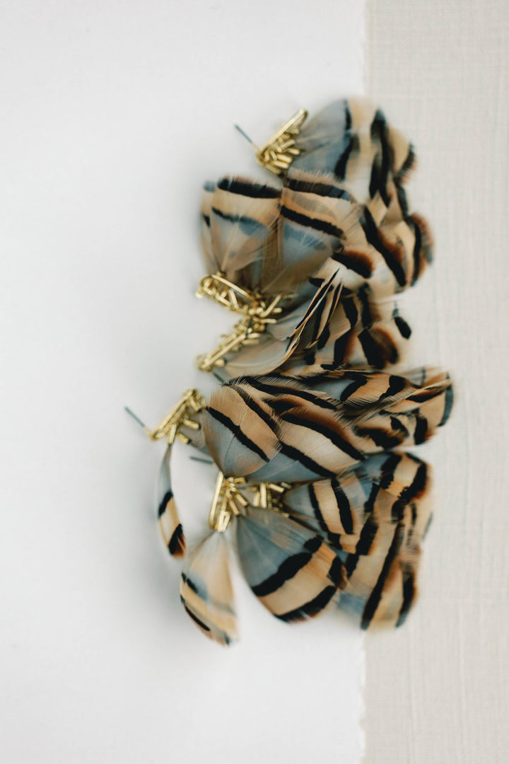 Brown Striped Autumn Feather Tassel Earrings