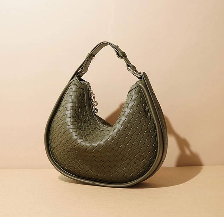 Luna woven leather half moon bag in olive