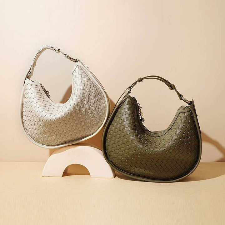 Luna woven leather half moon bag in olive