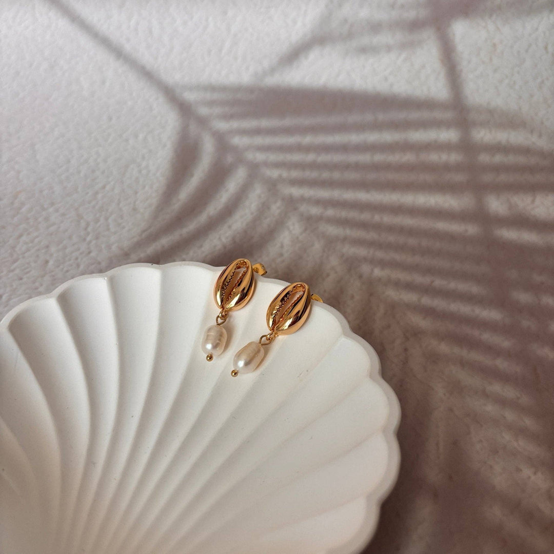 Cowrie Shell goldene Muschelohrringe mit Süßwasserperle