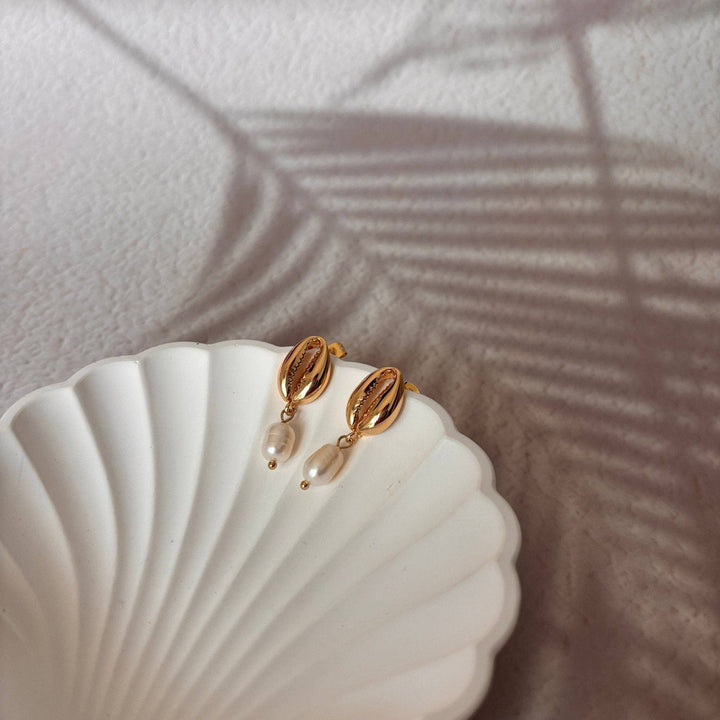 Cowrie Shell goldene Muschelohrringe mit Süßwasserperle