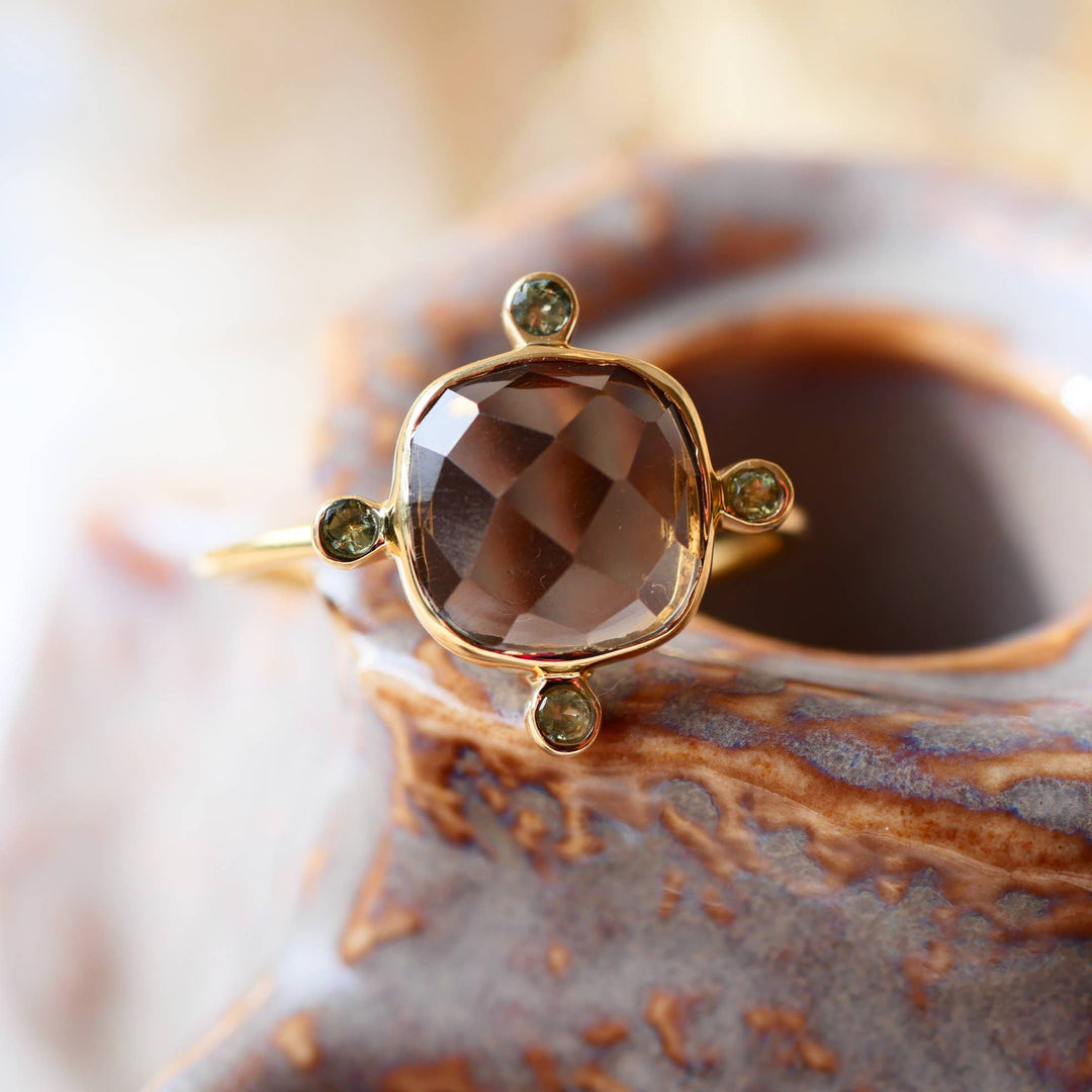 Sanyog Verstellbarer Ring - Rauchquarz und Peridot