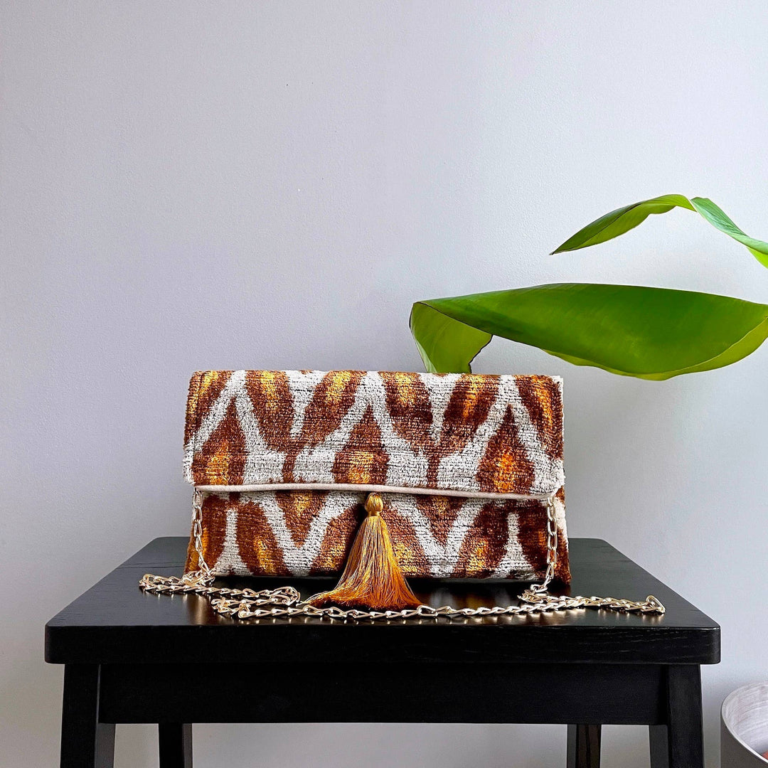 Roma ikat clutch bag with gold chain
