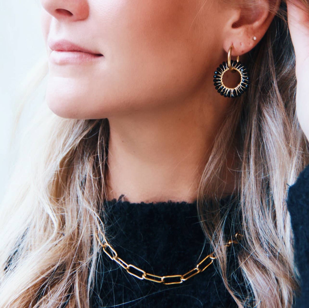 Stainless steel earring with round faceted pendant - black/gold