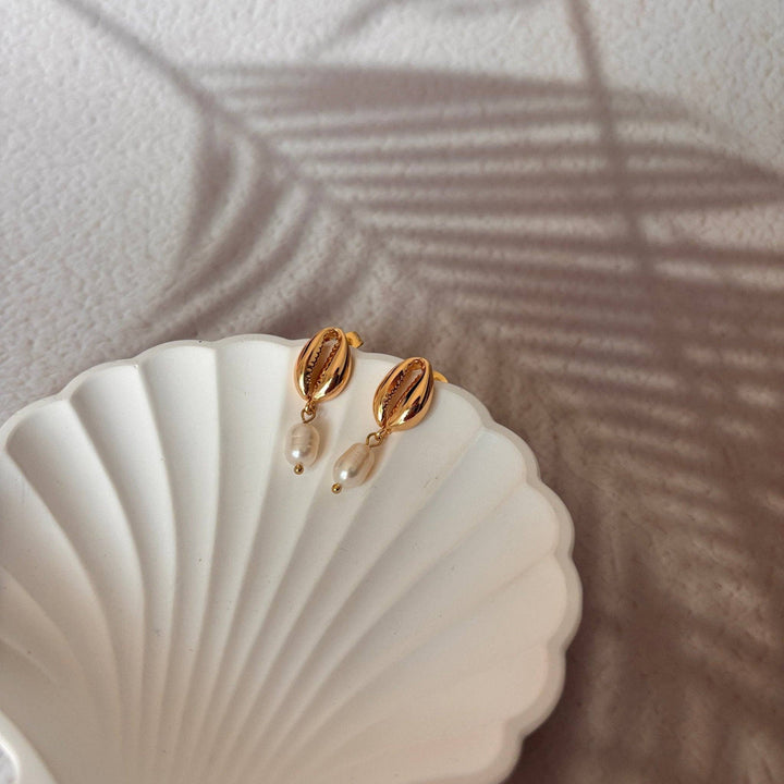 Cowrie Shell goldene Muschelohrringe mit Süßwasserperle