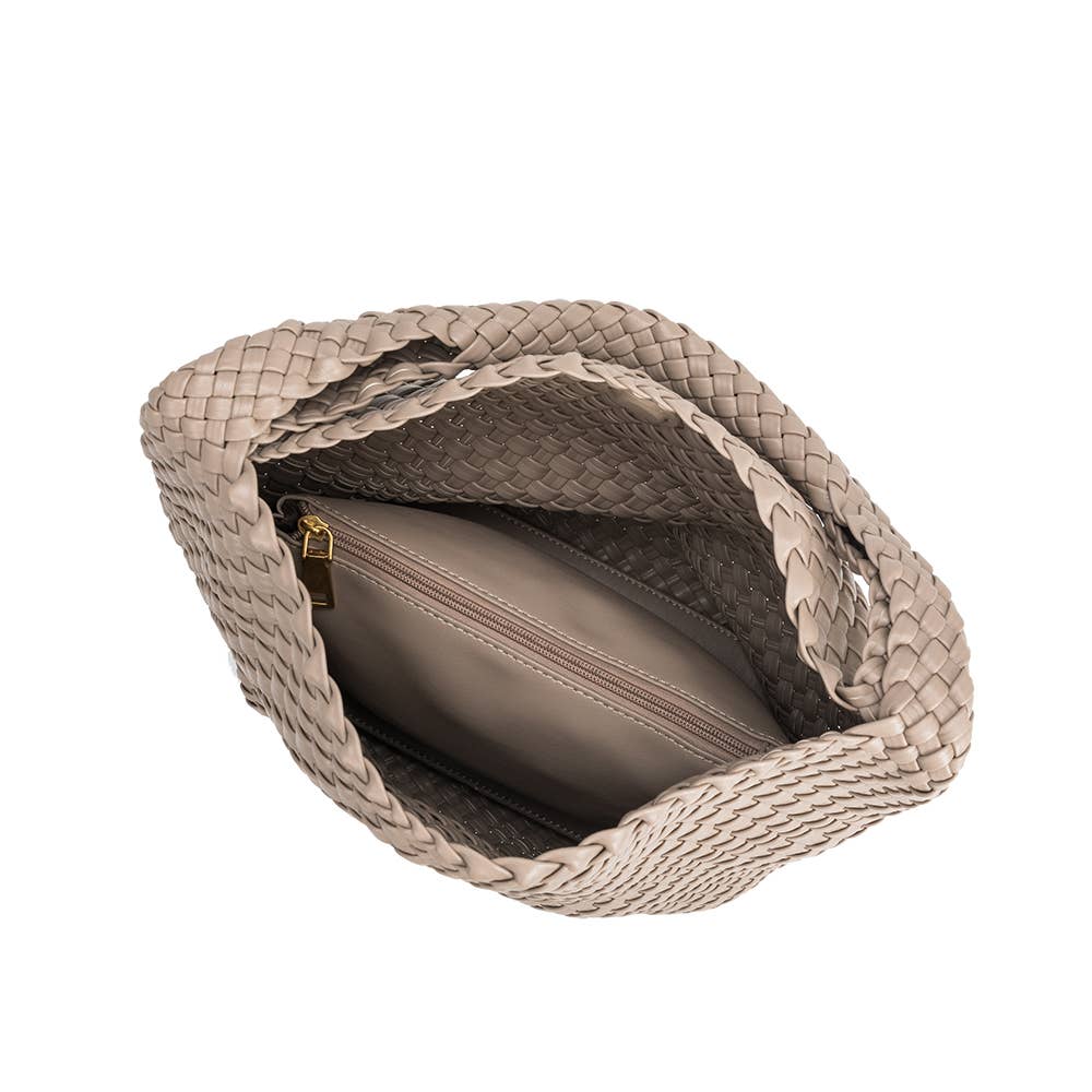 Melie Bianco Johanna große Schultertasche aus recyceltem veganem Material in Taupe