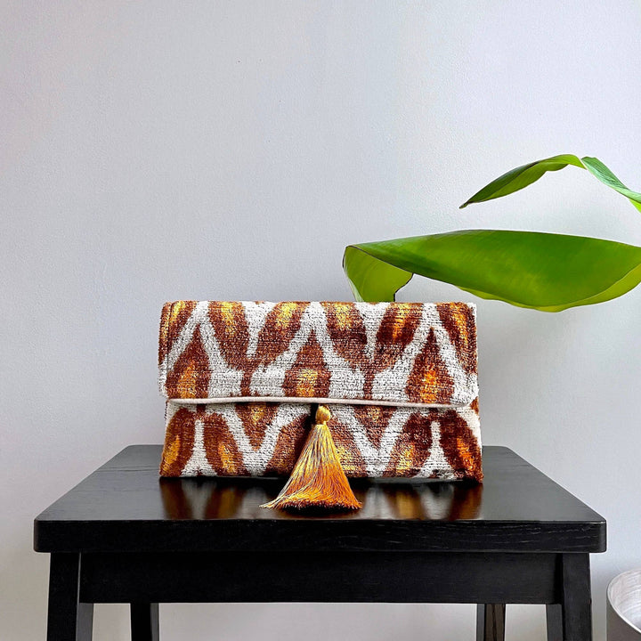 Roma ikat clutch bag with gold chain