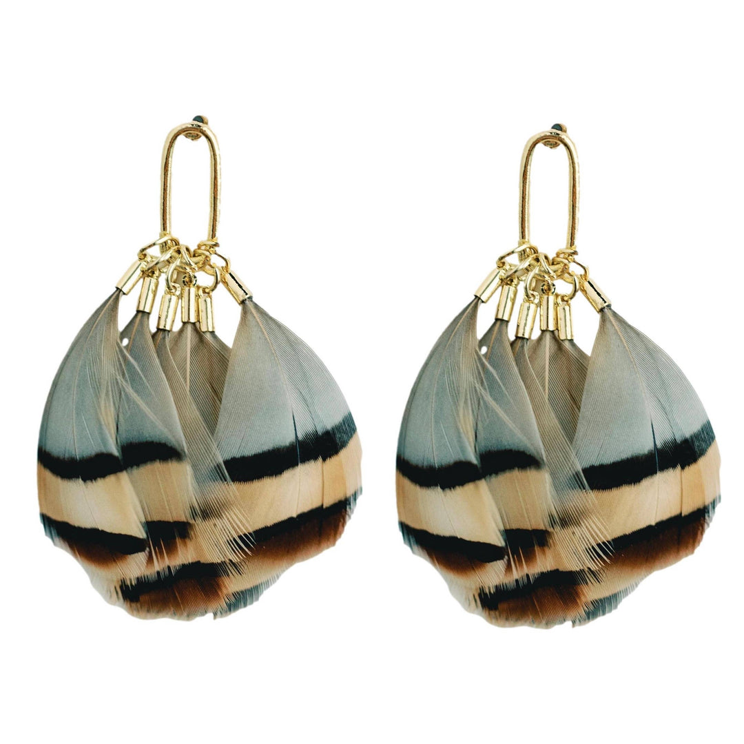 Brown Striped Autumn Feather Tassel Earrings